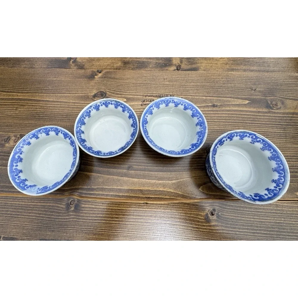 Blue White Porcelain Ramekins Set 4 Floral Bird‎ Chinoiserie Sauce Bowls